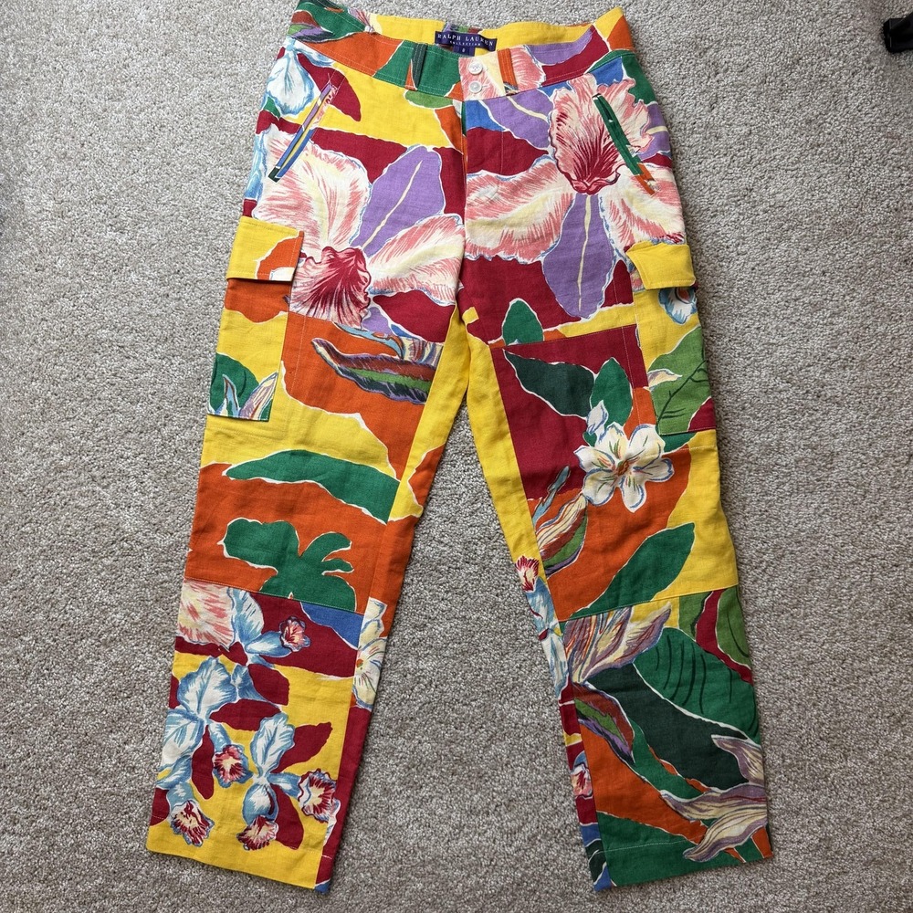 Ralph Lauren Collection Cargo Pants Womens 8 Linen Floral Hawaiian Purple Label - Picture 1 of 11